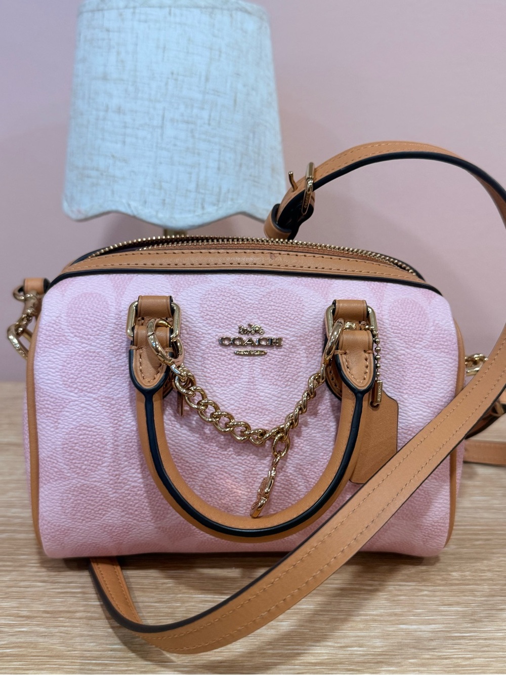 Coach Pink Leather Mini Satchel with Tan Trim and Gold Chain